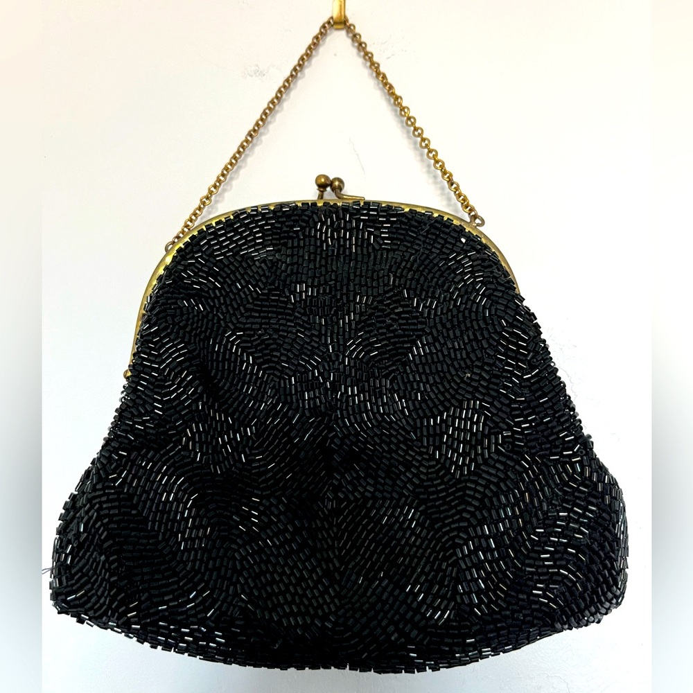 Vintage Black Beaded Small Purse Snap Closure with Chain Strap